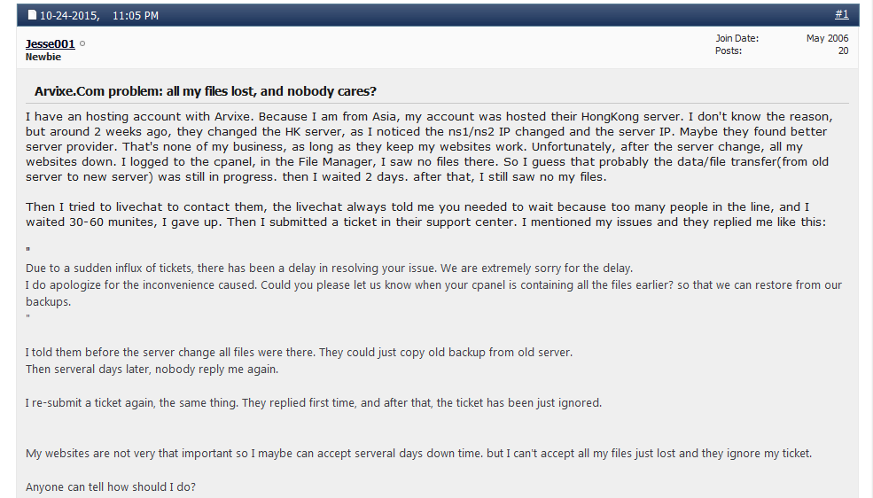 Arvixe down webhostingtalk