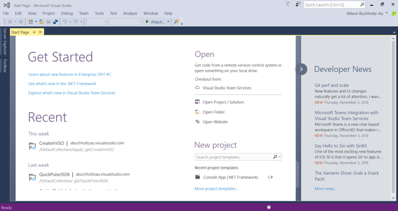 start-page-visual-studio-2017